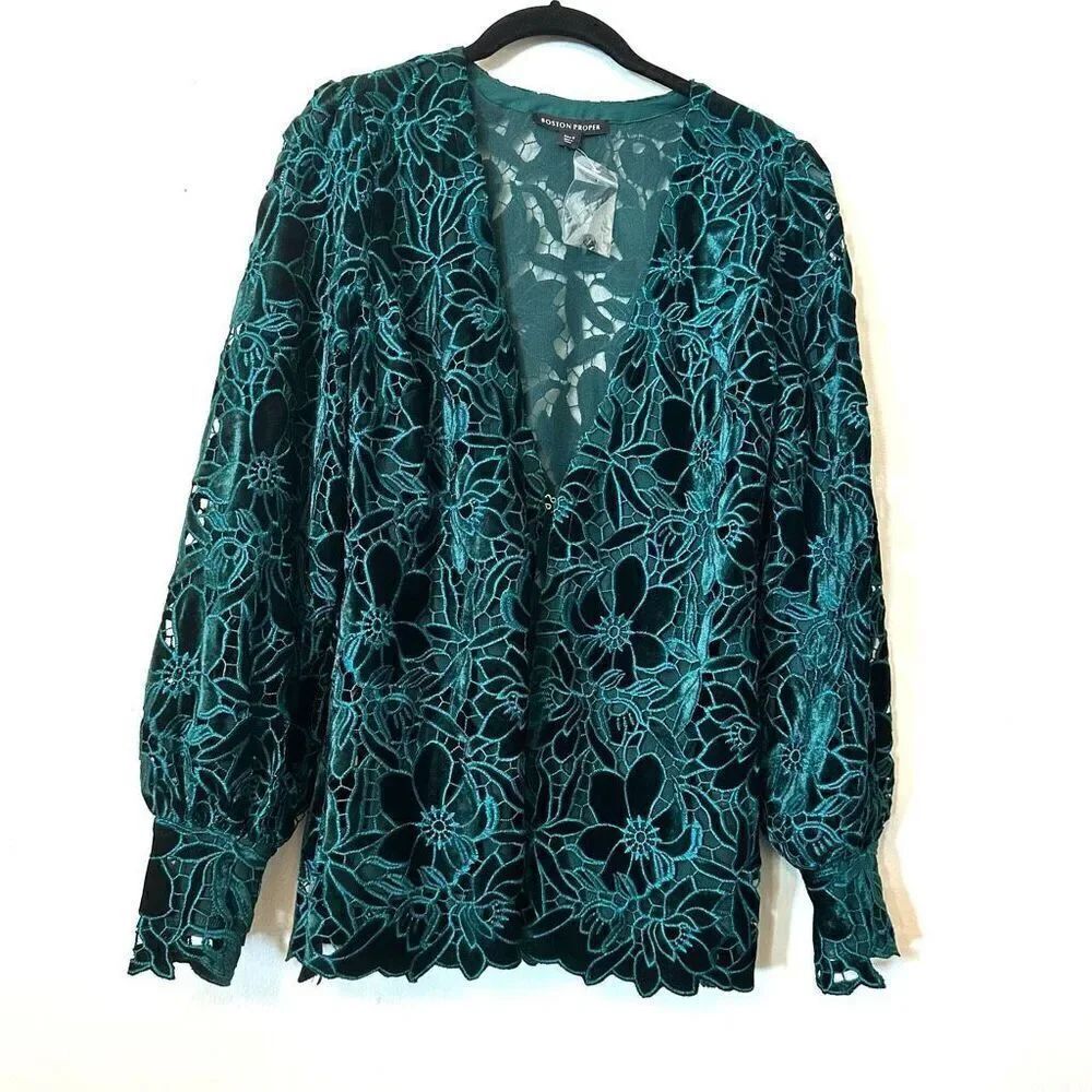 NWT Boston Proper Velvet Floral Lace Hip Length Duster Emerald Jacket Small